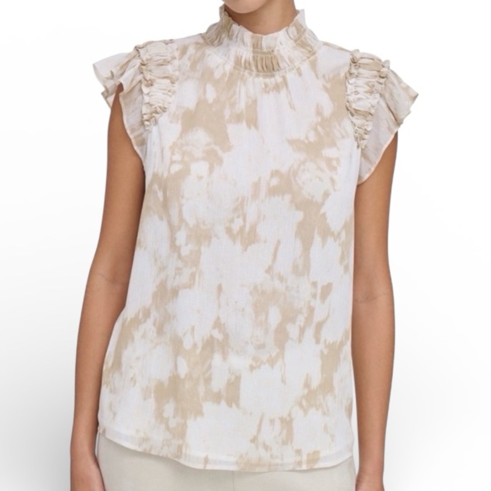 Calvin Klein Petite Smocked Neck Flutter Sleeve Blouse XSP